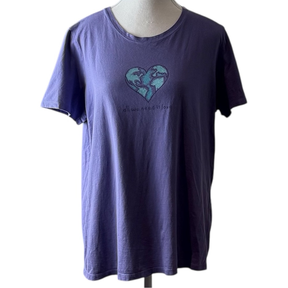 Life Is‎ Good Purple Earth Heart Graphic Tee Short Sleeve Cotton Women’s L